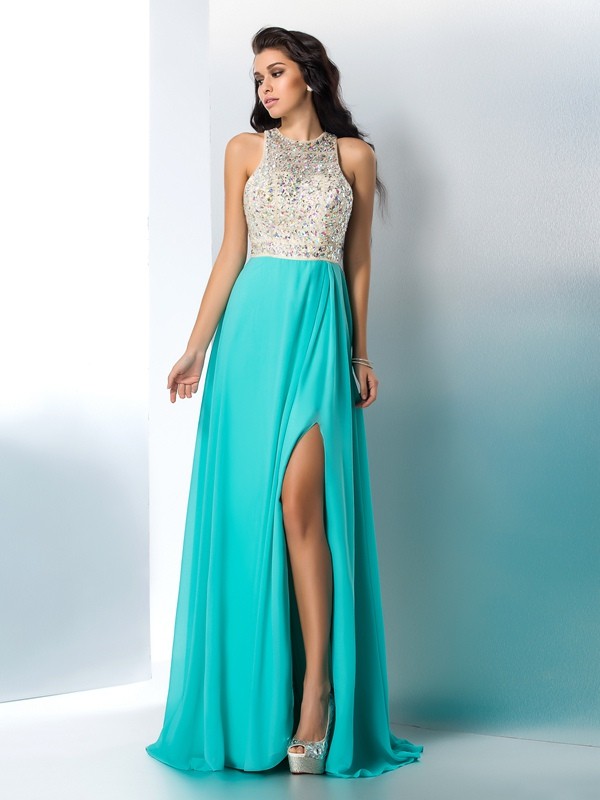 A-Line/Princess Scoop Beading Sleeveless Long Chiffon Dresses 4298