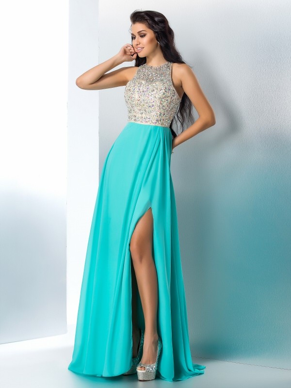 A-Line/Princess Scoop Beading Sleeveless Long Chiffon Dresses 4298