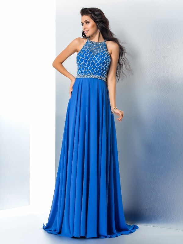 A-Line/Princess Scoop Beading Long Sleeveless Chiffon Dresses 4277