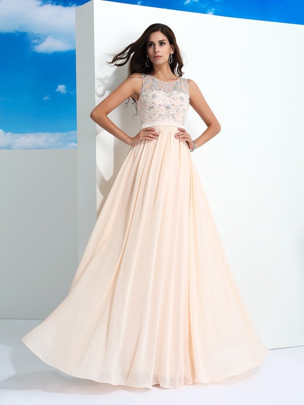 A-Line/Princess Sheer Neck Beading Sleeveless Long Chiffon Dresses 4409