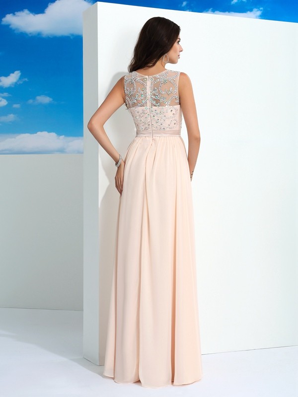 A-Line/Princess Sheer Neck Beading Sleeveless Long Chiffon Dresses 4409