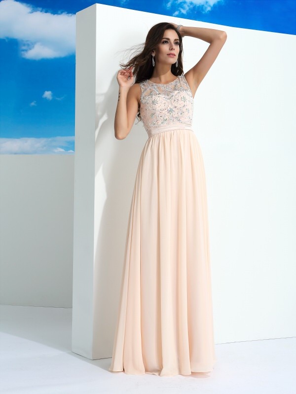 A-Line/Princess Sheer Neck Beading Sleeveless Long Chiffon Dresses 4409