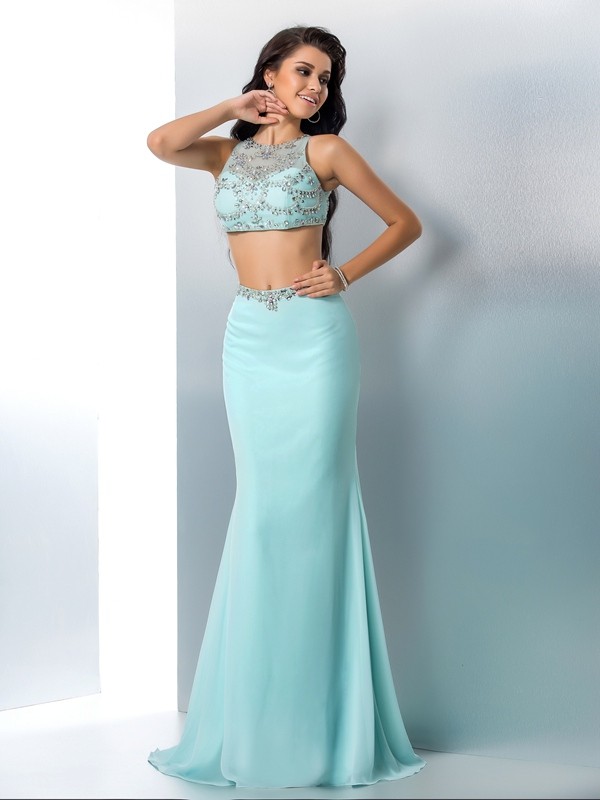 Trumpet/Mermaid Scoop Beading Sleeveless Long Chiffon Two Piece Dresses 7258