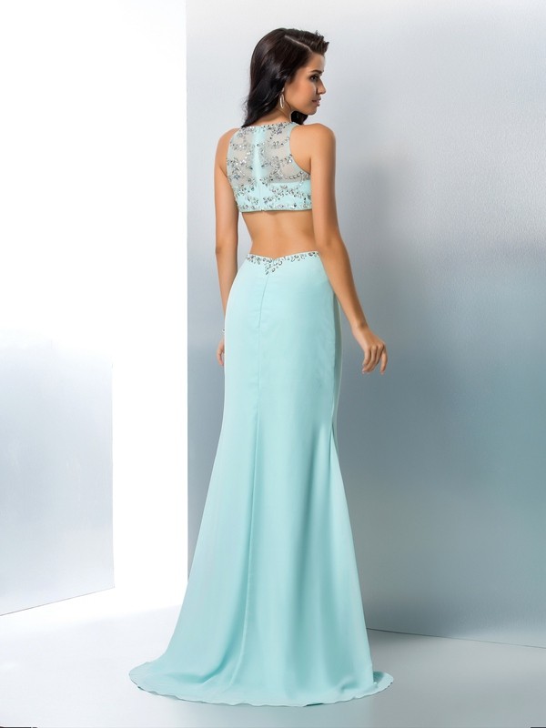 Trumpet/Mermaid Scoop Beading Sleeveless Long Chiffon Two Piece Dresses 7258