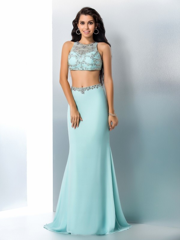 Trumpet/Mermaid Scoop Beading Sleeveless Long Chiffon Two Piece Dresses 7258