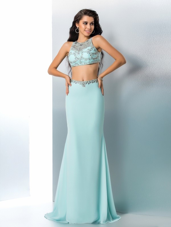 Trumpet/Mermaid Scoop Beading Sleeveless Long Chiffon Two Piece Dresses 7258