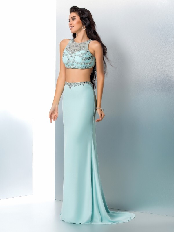 Trumpet/Mermaid Scoop Beading Sleeveless Long Chiffon Two Piece Dresses 7258