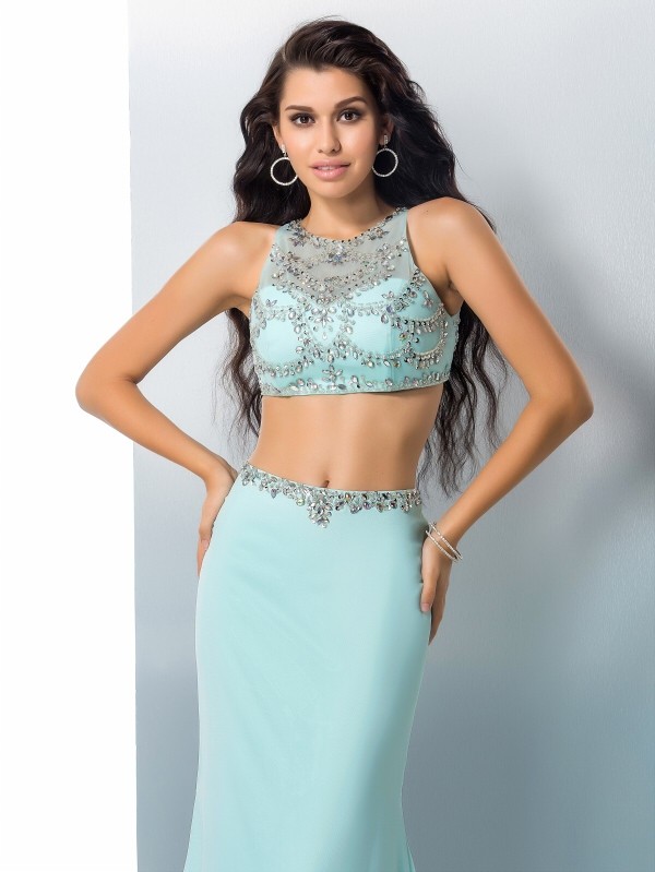 Trumpet/Mermaid Scoop Beading Sleeveless Long Chiffon Two Piece Dresses 7258