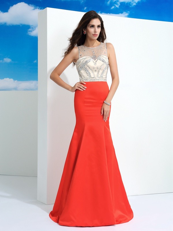 Trumpet/Mermaid Sheer Neck Beading Sleeveless Long Satin Dresses 7292