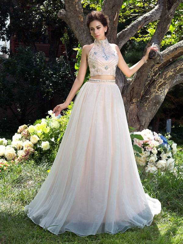 A-Line/Princess High Neck Beading Sleeveless Long Net Two Piece Dresses 3627