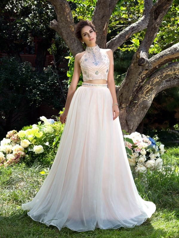 A-Line/Princess High Neck Beading Sleeveless Long Net Two Piece Dresses 3627