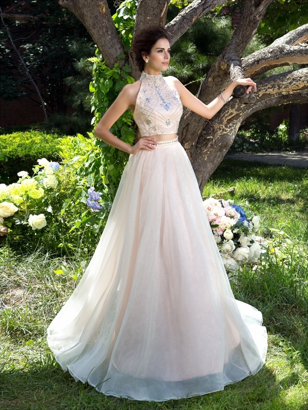 A-Line/Princess High Neck Beading Sleeveless Long Net Two Piece Dresses 3627