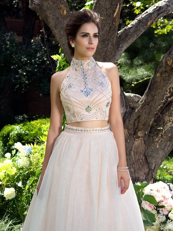 A-Line/Princess High Neck Beading Sleeveless Long Net Two Piece Dresses 3627