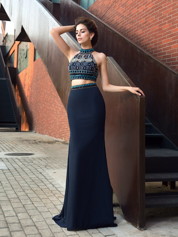 Sheath/Column High Neck Beading Sleeveless Long Chiffon Two Piece Dresses 5983