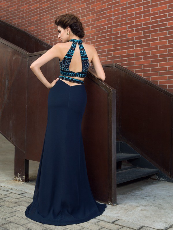 Sheath/Column High Neck Beading Sleeveless Long Chiffon Two Piece Dresses 5983