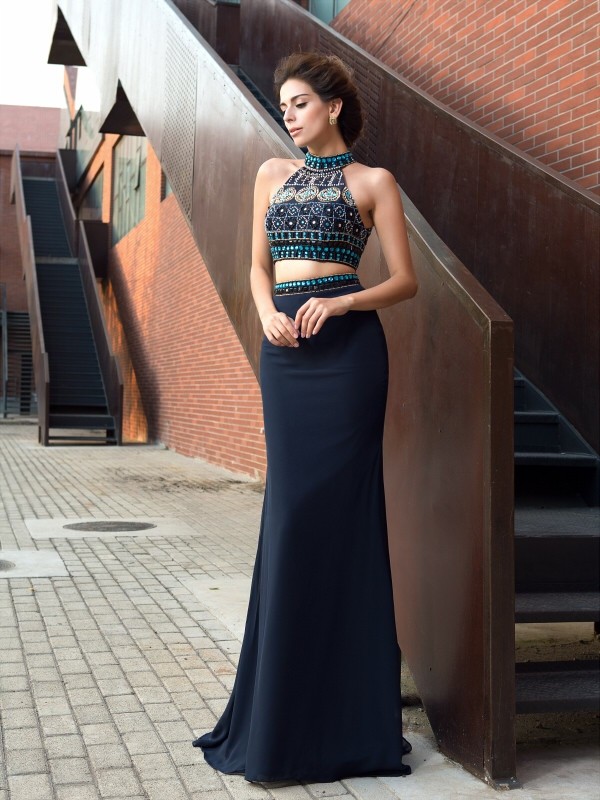 Sheath/Column High Neck Beading Sleeveless Long Chiffon Two Piece Dresses 5983