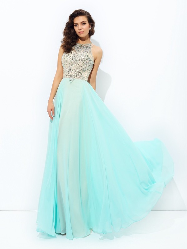 A-line/Princess Jewel Beading Sleeveless Long Chiffon Dresses 3675