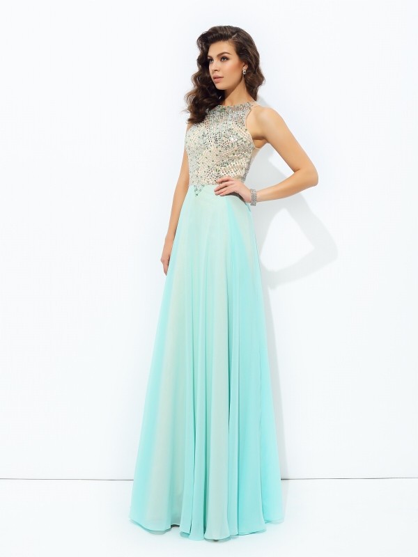 A-line/Princess Jewel Beading Sleeveless Long Chiffon Dresses 3675