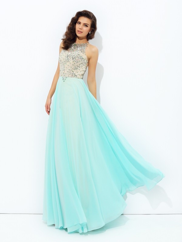 A-line/Princess Jewel Beading Sleeveless Long Chiffon Dresses 3675