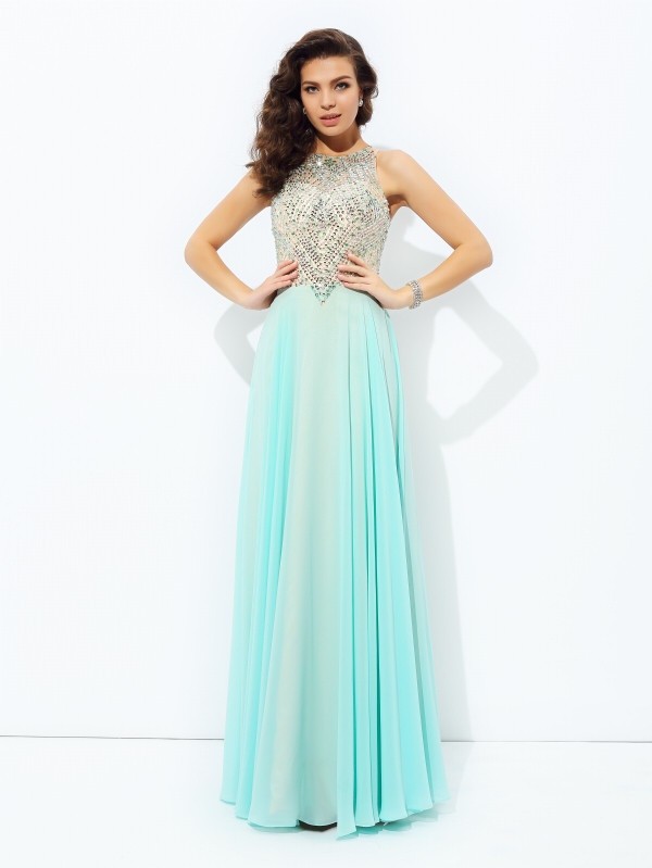 A-line/Princess Jewel Beading Sleeveless Long Chiffon Dresses 3675