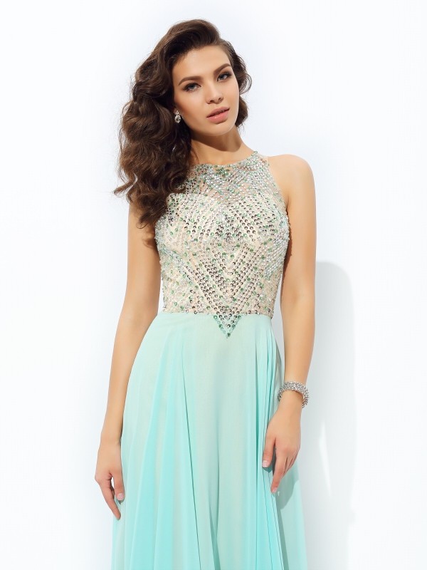 A-line/Princess Jewel Beading Sleeveless Long Chiffon Dresses 3675