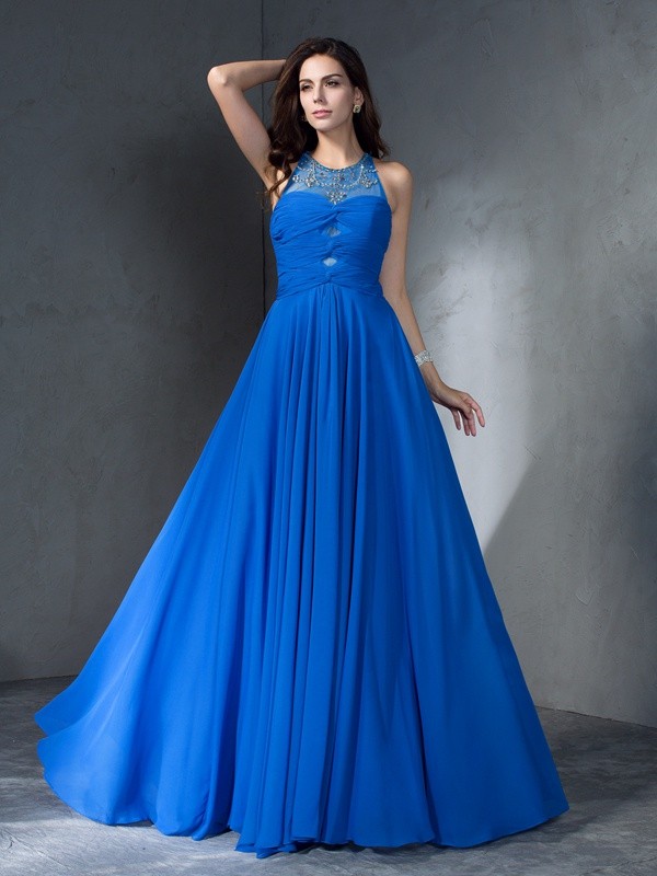 A-Line/Princess Scoop Beading Sleeveless Long Chiffon Dresses 4299