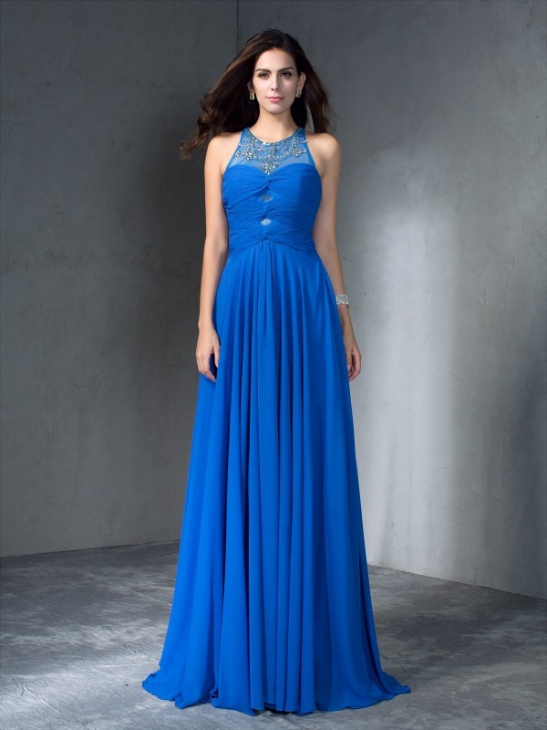 A-Line/Princess Scoop Beading Sleeveless Long Chiffon Dresses 4299