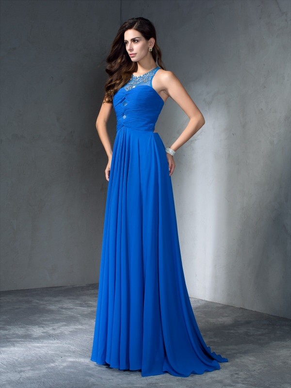 A-Line/Princess Scoop Beading Sleeveless Long Chiffon Dresses 4299