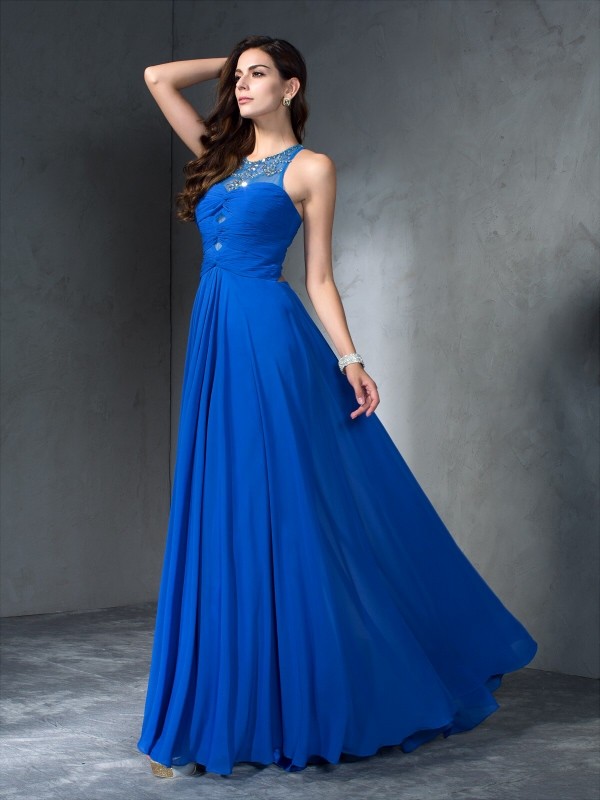 A-Line/Princess Scoop Beading Sleeveless Long Chiffon Dresses 4299