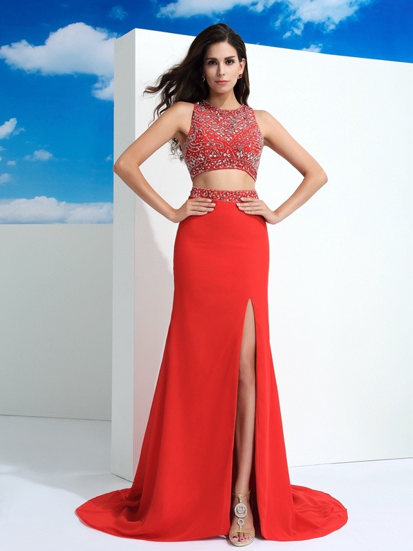 Sheath/Column Scoop Beading Sleeveless Long Chiffon Two Piece Dresses 6372