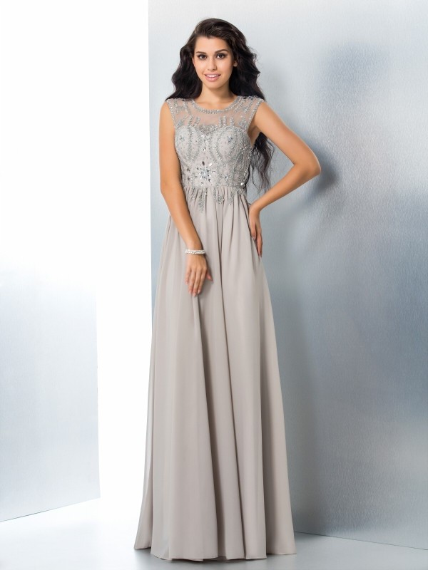 A-Line/Princess Sheer Neck Beading Sleeveless Long Chiffon Dresses 4410