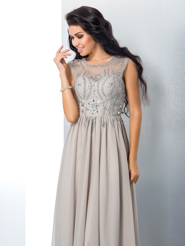 A-Line/Princess Sheer Neck Beading Sleeveless Long Chiffon Dresses 4410