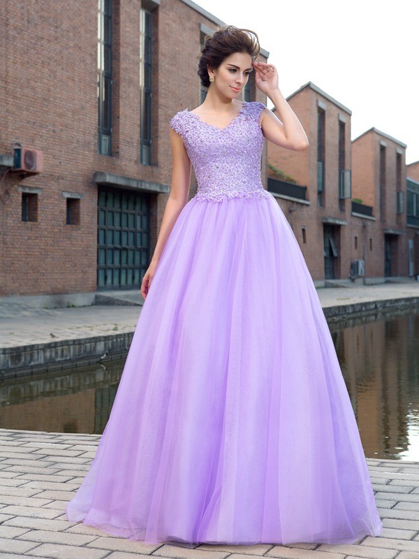 Ball Gown V-neck Applique Short Sleeves Long Net Dresses 5803