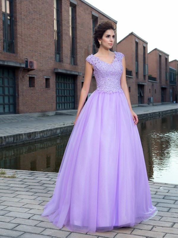 Ball Gown V-neck Applique Short Sleeves Long Net Dresses 5803