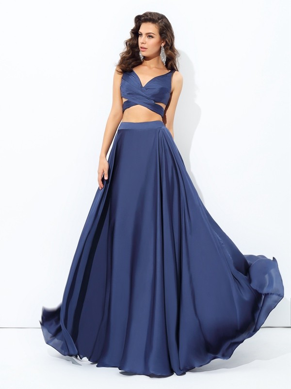 A-line/Princess Straps Sleeveless Long Satin Chiffon Two Piece Dresses 4860