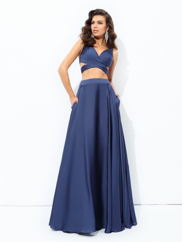 A-line/Princess Straps Sleeveless Long Satin Chiffon Two Piece Dresses 4860