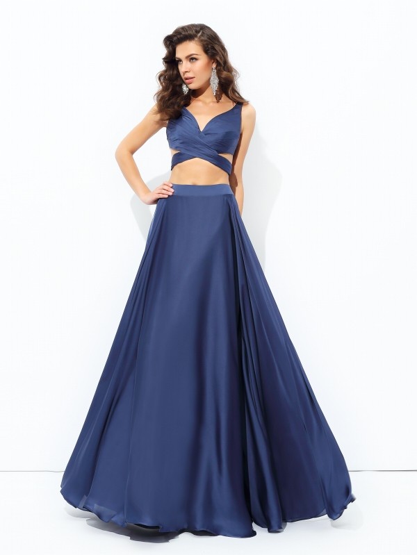 A-line/Princess Straps Sleeveless Long Satin Chiffon Two Piece Dresses 4860