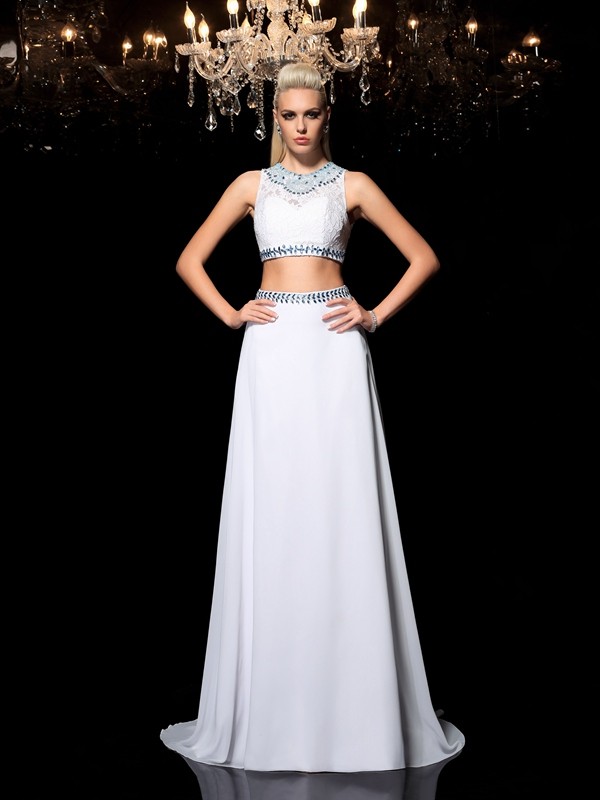 A-Line/Princess Jewel Beading Sleeveless Long Chiffon Two Piece Dresses 3680