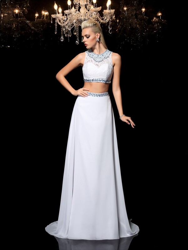 A-Line/Princess Jewel Beading Sleeveless Long Chiffon Two Piece Dresses 3680