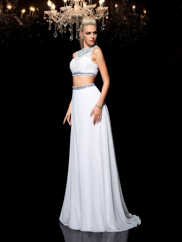 A-Line/Princess Jewel Beading Sleeveless Long Chiffon Two Piece Dresses 3680