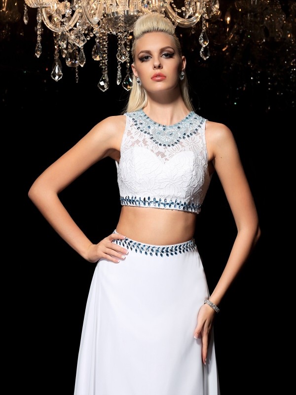 A-Line/Princess Jewel Beading Sleeveless Long Chiffon Two Piece Dresses 3680