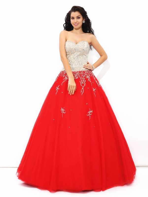 Ball Gown Sweetheart Beading Sleeveless Long Satin Quinceanera Dresses 5753