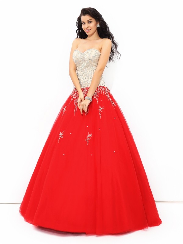 Ball Gown Sweetheart Beading Sleeveless Long Satin Quinceanera Dresses 5753