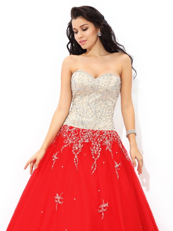 Ball Gown Sweetheart Beading Sleeveless Long Satin Quinceanera Dresses 5753