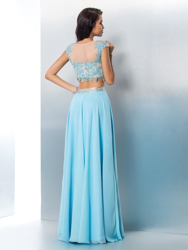 A-Line/Princess Sheer Neck Applique Short Sleeves Long Chiffon Two Piece Dresses 4402