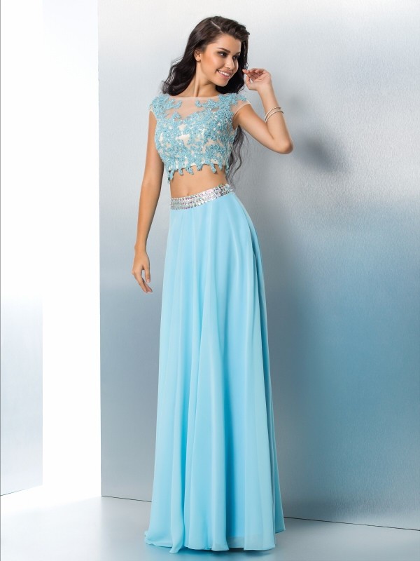 A-Line/Princess Sheer Neck Applique Short Sleeves Long Chiffon Two Piece Dresses 4402