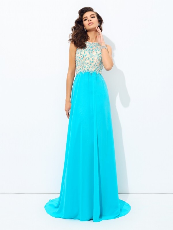 A-line/Princess Scoop Beading Sleeveless Long Chiffon Dresses 4300