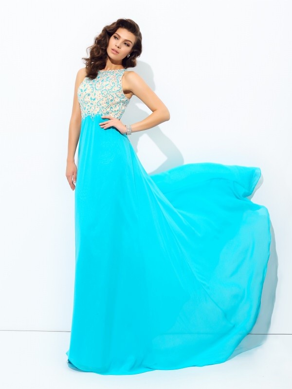 A-line/Princess Scoop Beading Sleeveless Long Chiffon Dresses 4300