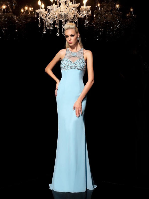 Sheath/Column Sheer Neck Beading Sleeveless Long Chiffon Dresses 6506