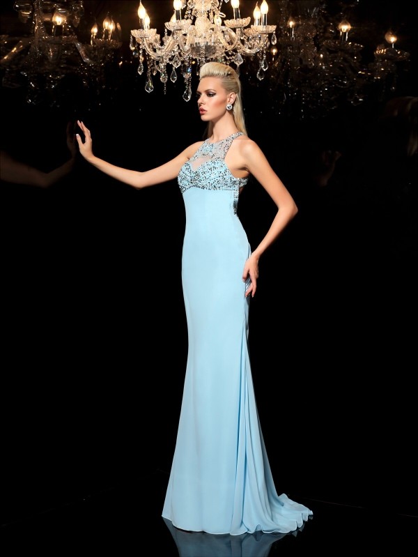 Sheath/Column Sheer Neck Beading Sleeveless Long Chiffon Dresses 6506